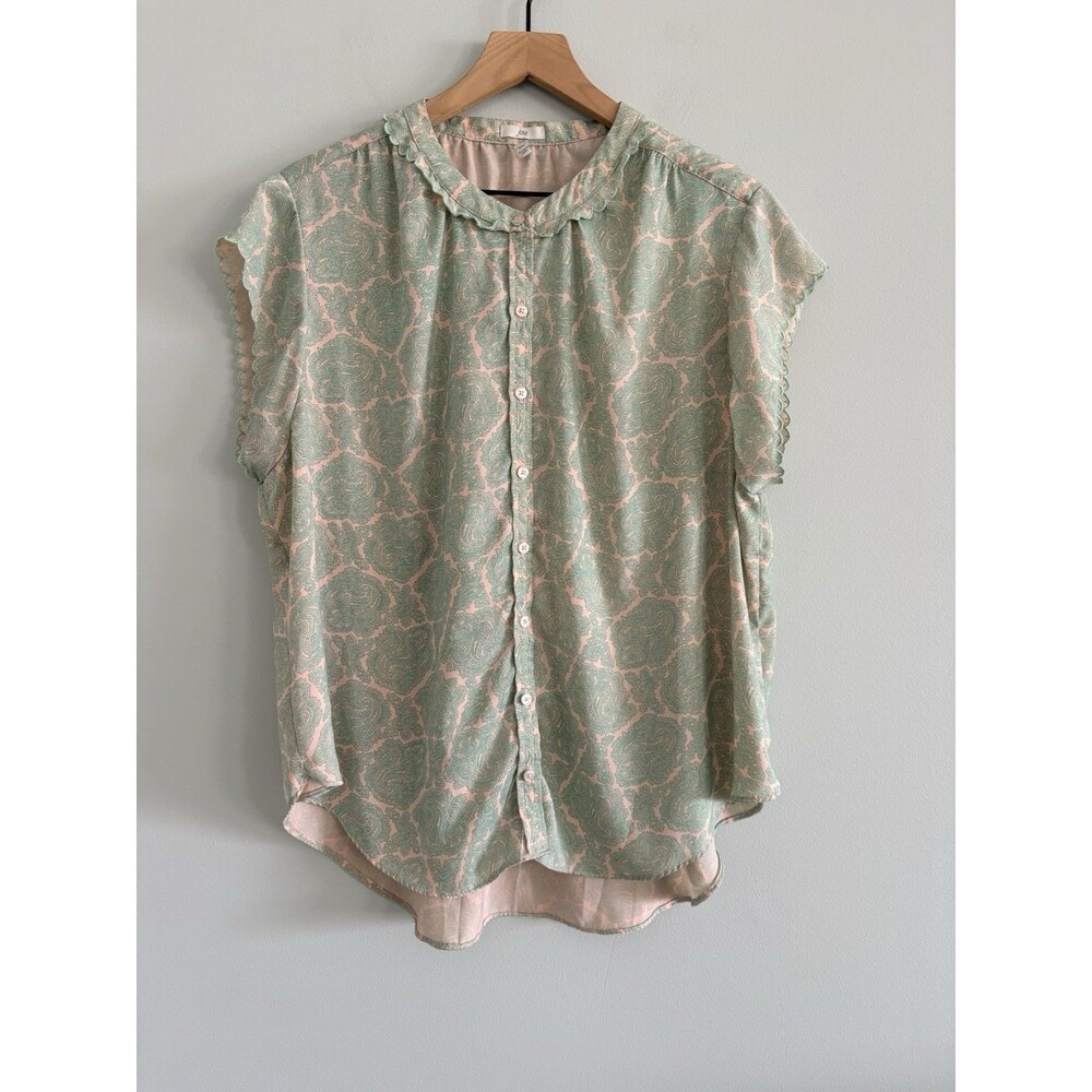 Joie Paisley Stamp Scallop Edge Pink Green Blouse Button Front Top Size XL